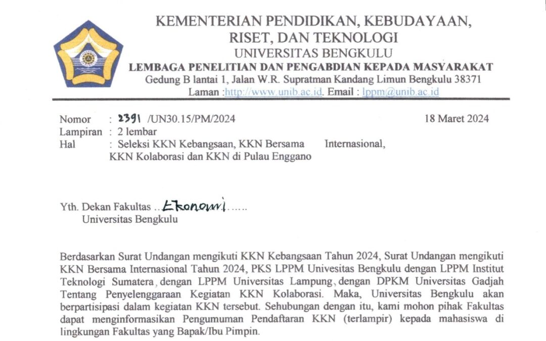 Seleksi KKN Kebangsaan, KKN Bersama Internasional, KKN Kolaborasi Dan KKN Di Pulau Enggano UNIB Periode Ke-102