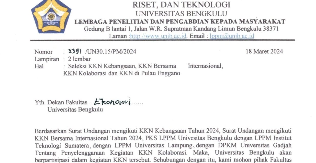 Seleksi KKN Kebangsaan, KKN Bersama Internasional, KKN Kolaborasi Dan KKN Di Pulau Enggano UNIB Periode Ke-102